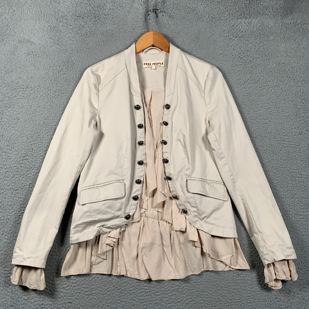 Free People Double Breasted Ruffle Jacket Womens Medium Beige Military Peplum M